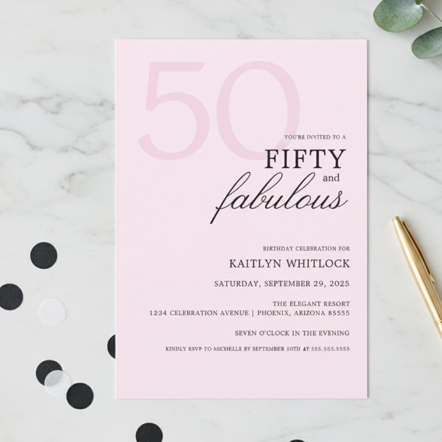 Modern Rosa Djärv 50 och Fantastisk Födelsedagsfes Inbjudningar (modern elegant typography pink fifty and fabulous 50th birthday party invitation simple bold script)