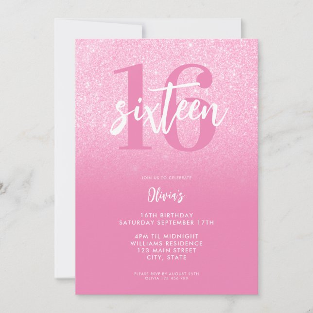 Modern Rosa Elegant 16:e födelsedagen Inbjudningar (Framsida)