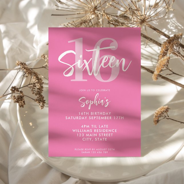 Modern Rosa Elegant 16:e födelsedagen Inbjudningar (Modern Pink Elegant 16th Birthday Invitation)