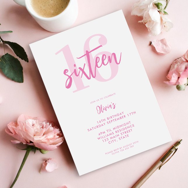 Modern Rosa Elegant 16:e födelsedagen Inbjudningar (Skapare uppladdad)