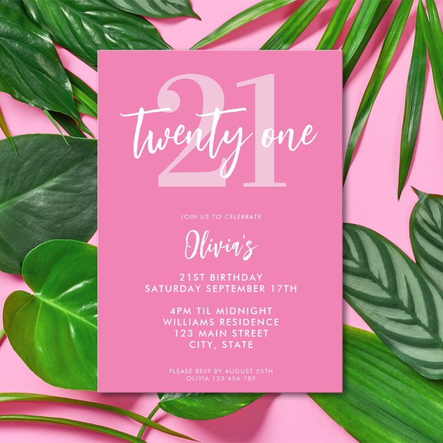 Modern Rosa Elegant 21:a födelsedag Inbjudningar (Modern Pink Elegant 21st Birthday Invitation)