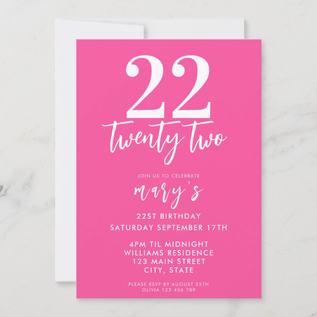 Modern rosa elegant 22:a födelsedagsinbjudan inbjudningar (Framsida)