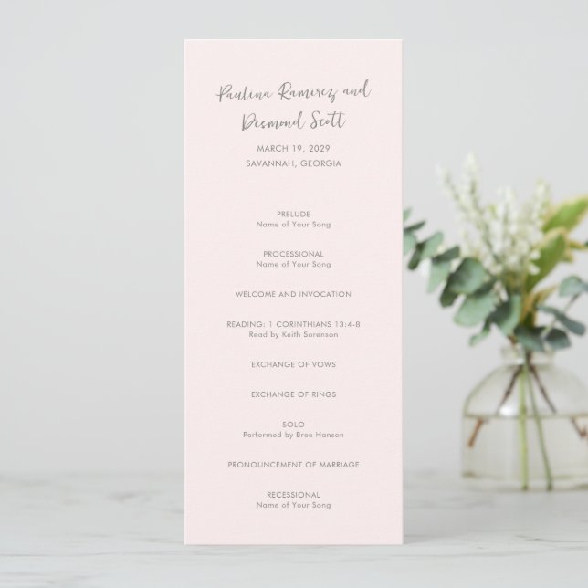 Modern Rosa Enkel Bröllop Program (Stående Fram)