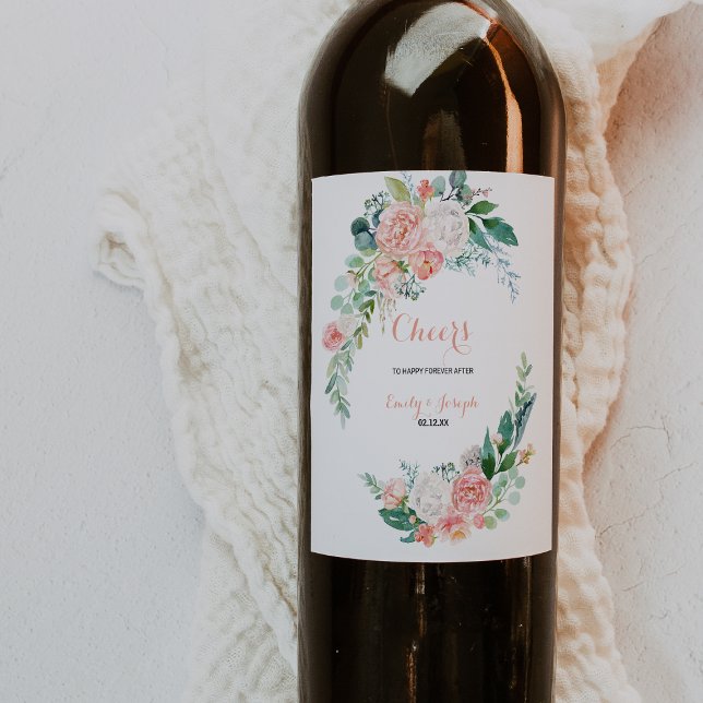 Modern Rosa-etiketter för tropisk Blommigt Bröllop Vinflaska Etikett (Skapare uppladdad)