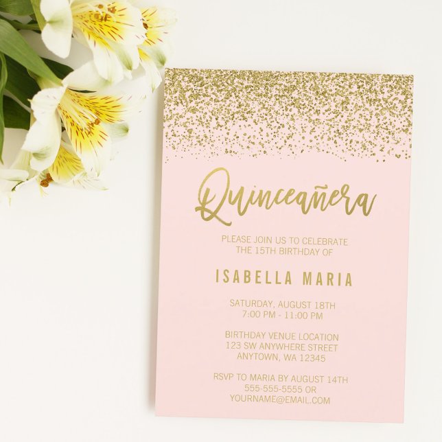 Modern  Rosa Faux Guld Glitter Quinceanera Inbjudningar (Skapare uppladdad)