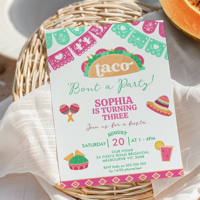 Modern Rosa Fiesta Taco Bout A Party-födelsedag Inbjudningar (Taco 'bout a Party Birthday Invitation Template Girl, Taco  Fiesta Birthday Invitation, Mexican)