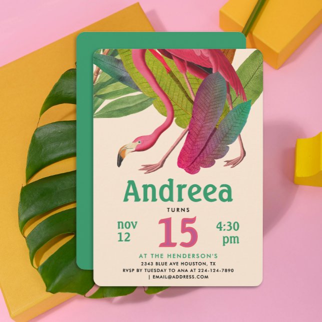 Modern Rosa Flamingo Grön Tropisk Sommar Löv Inbjudningar (Skapare uppladdad)
