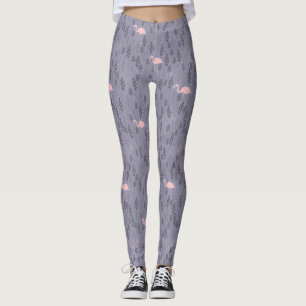 Modern Rosa Flamingo Mörklila Blommig Mönstrad Leggings