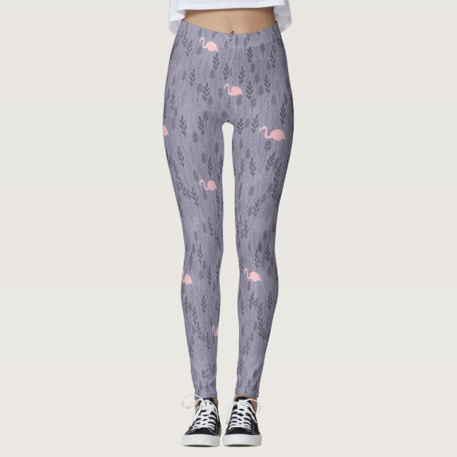 Modern Rosa Flamingo Mörklila Blommig Mönstrad Leggings (Framsida)