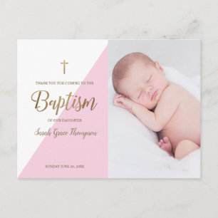Modern Rosa Flicka Photo Baptism Tack Vykort