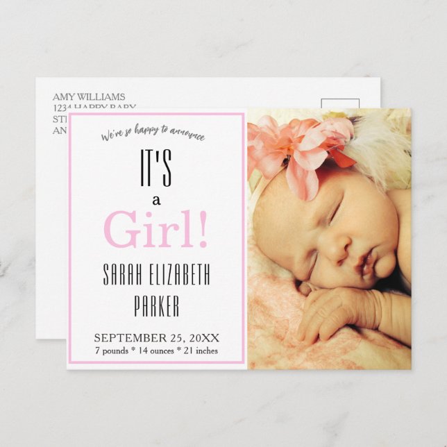 Modern Rosa Flickas Foto Födelse Tillkännagivande  Meddelande Vykort (Fram/baksida)