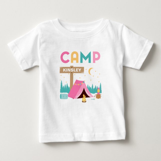Modern Rosa Flickor Camping Tematisk Födelsedag  T Shirt (Framsida)
