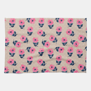 Modern Rosa Flowers Beige Polka dots Kökshandduk