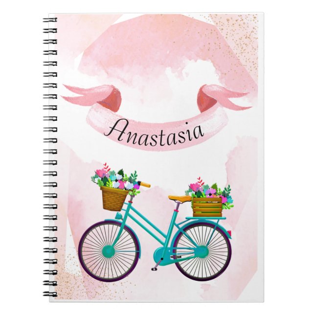 Modern Rosa Flowers Bicycles Anteckningsbok (Framsidan)