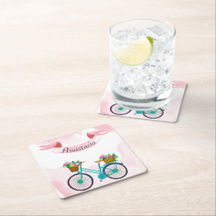 Modern Rosa Flowers Bicycles Underlägg Papper Kvadrat