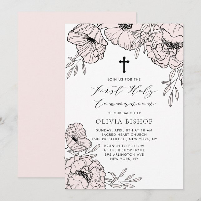 Modern  Rosa Flowers First Heliga Communion Inbjudningar (Fram/baksida)