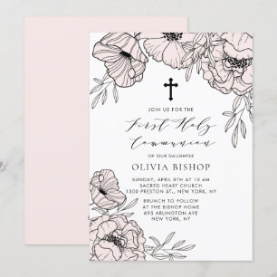 Modern Rosa Flowers First Heliga Communion Inbjudningar