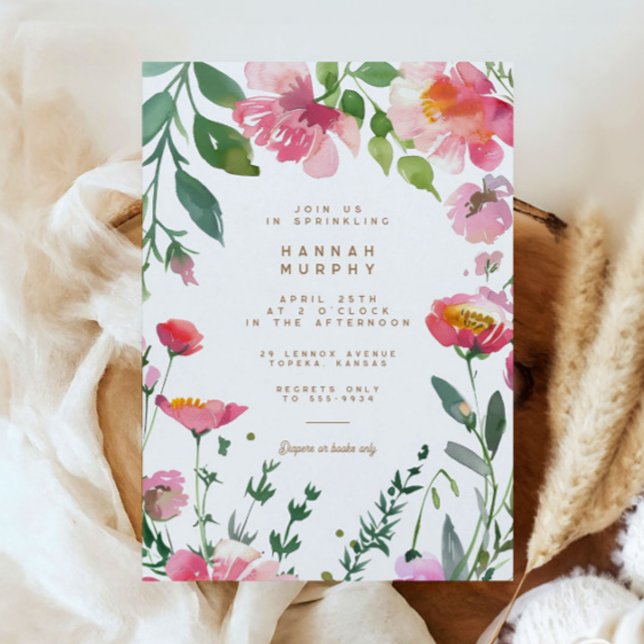 Modern Rosa Flowers Guld Garden Girl Baby Sprinkle Inbjudningar (Skapare uppladdad)
