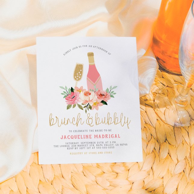 Modern Rosa Flowers & Guld Glitter Brunch & Bubly Inbjudan Vykort (Skapare uppladdad)