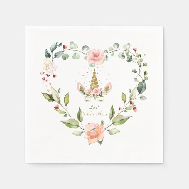Modern Rosa  Flowers Guld Unicorn Birthday Pappersservett (Framsidan)