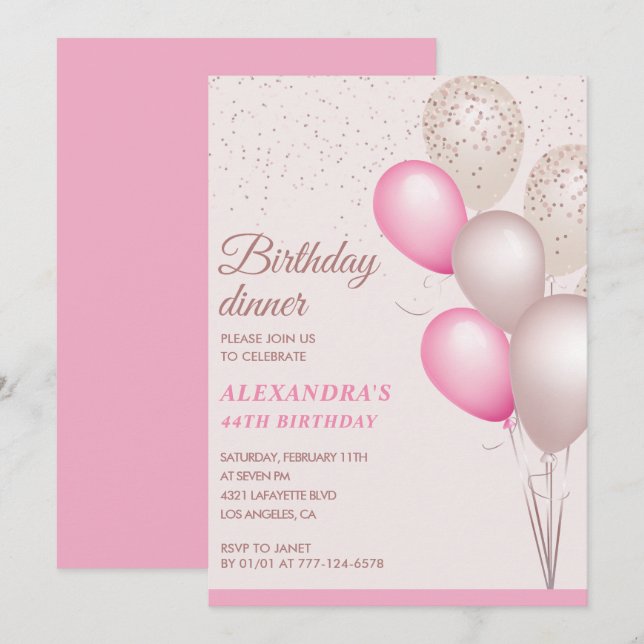 Modern rosa födelsedagsmiddag 44-årsdag inbjudningar (Fram/baksida)