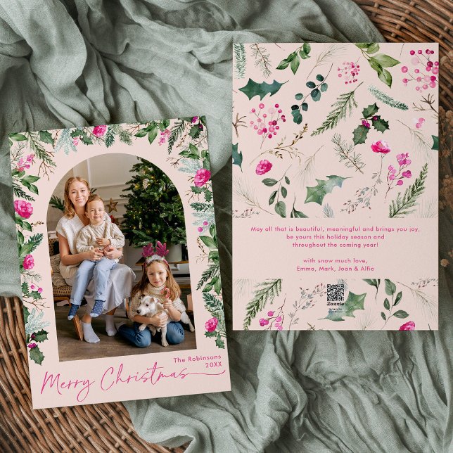 Modern Rosa Foliage Arch God jul 1 Photo Julkort (Skapare uppladdad)