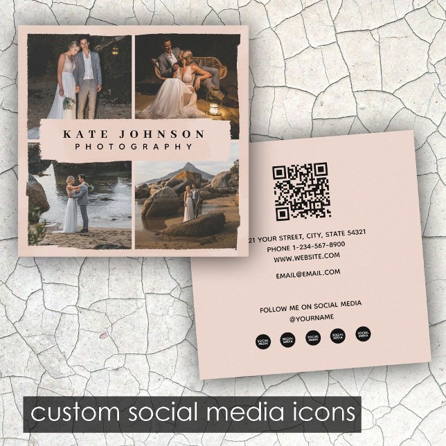 Modern Rosa för   4 Fotograf Fyrkantigt Visitkort (Modern Brush Blush Pink 4 Photo Photographer Square Business Card)