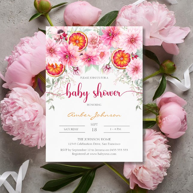 Modern Rosa för vattenfärg och babyskor för citrus Inbjudningar (Girl baby shower invitation, pink watercolor flowers and citrus, baby shower)