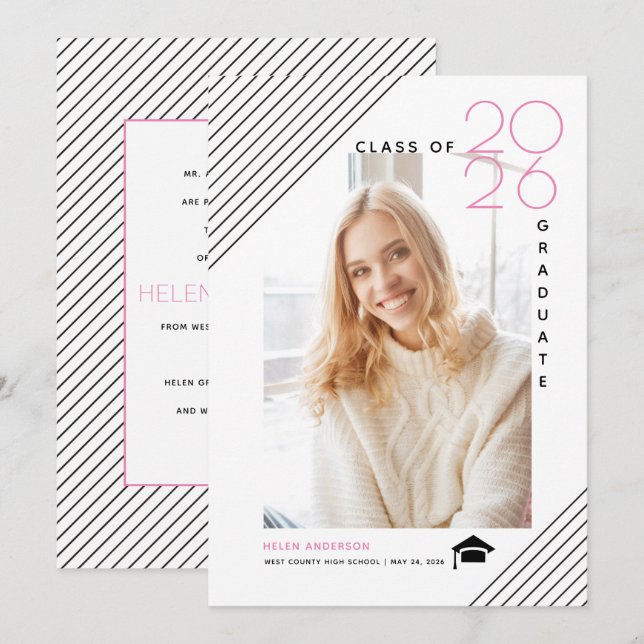 Modern rosa-foto för 2025 års klass meddelande (Fram/baksida)