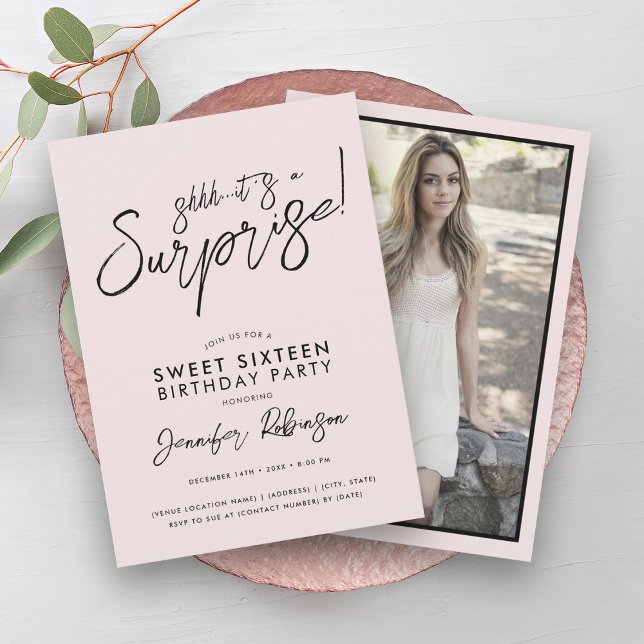 Modern  Rosa - foto - överraskningsglas 16 Inbjudningar (Modern Blush Pink Photo Surprise Sweet 16 Invitation)