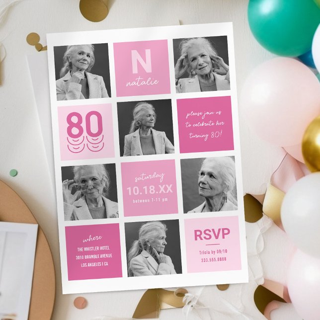 Modern rosa fotokollage för 80-årsfirande inbjudningar (Skapare uppladdad)