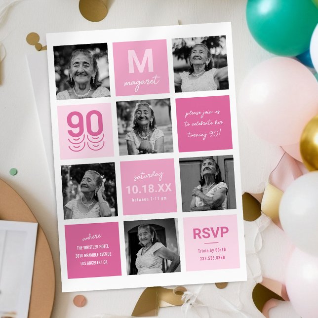 Modern rosa fotokollage för 90-årsfirande inbjudningar (Skapare uppladdad)
