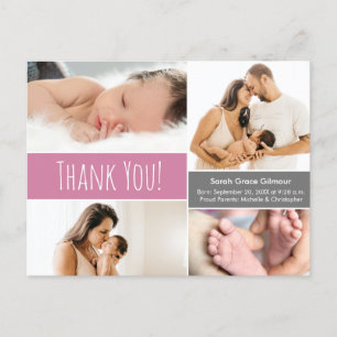 Modern rosa fotokollage för babyshower för en baby vykort
