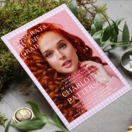 Modern Rosa Gingham Foto Examen Festsfirande Inbjudningar