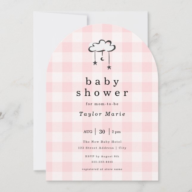 Modern Rosa Gingham Mobile Baby Shower Inbjudningar (Framsida)