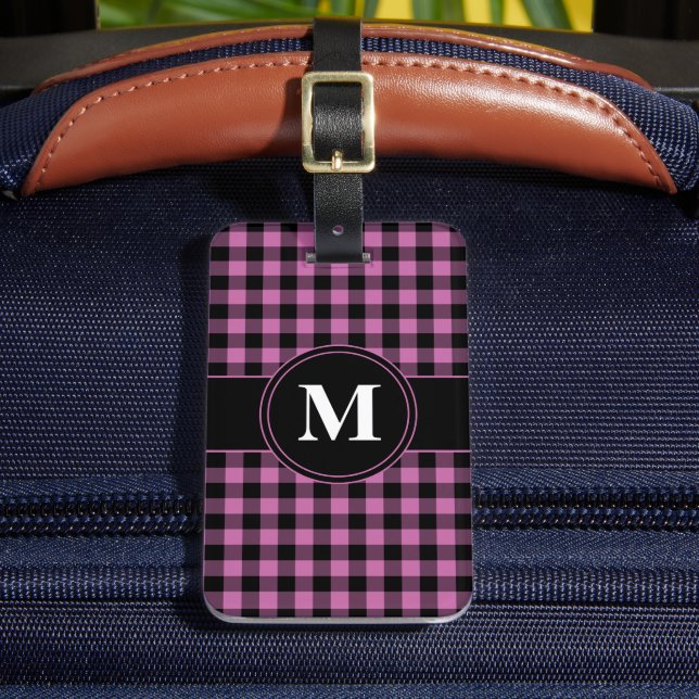 Modern Rosa Gingham Monogram Bagagebricka (Framsida Insitu 2)