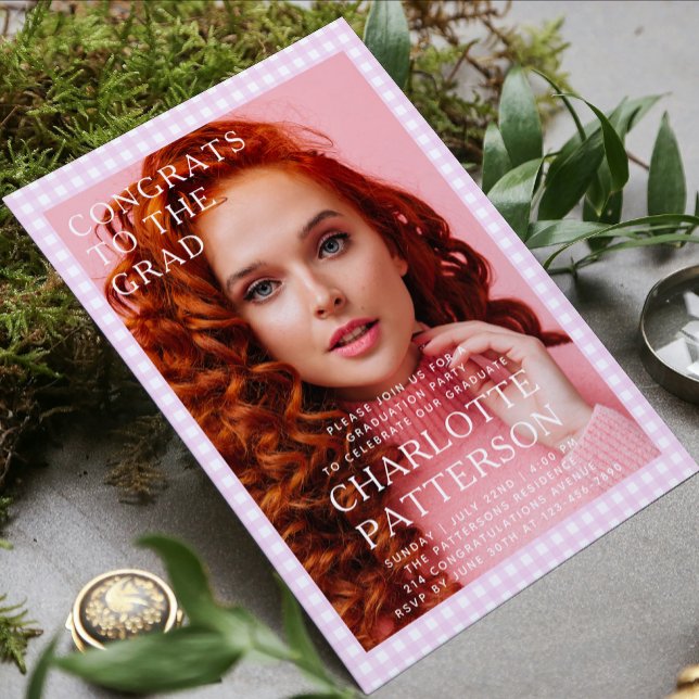 Modern Rosa Gingham Photo Studentfest Inbjudningar (Skapare uppladdad)