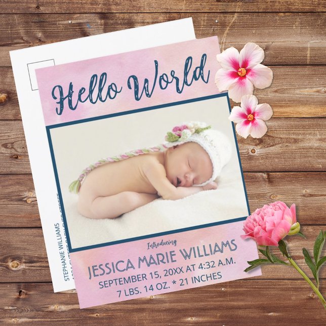 Modern Rosa Girl Girl Baby annonsfoto Postcard Meddelande Vykort (Modern Pink Girl Baby Announcement Photo Postcard)