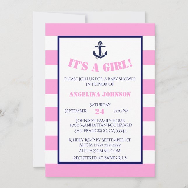 Modern Rosa Girl Girl Nautical Baby Shower-inbjudn Inbjudningar (Framsida)