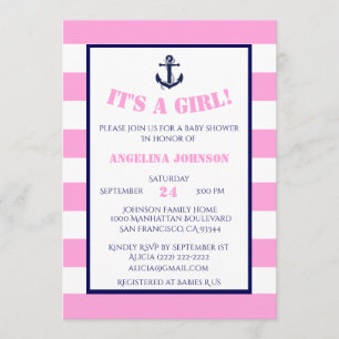 Modern Rosa Girl Girl Nautical Baby Shower-inbjudn Inbjudningar