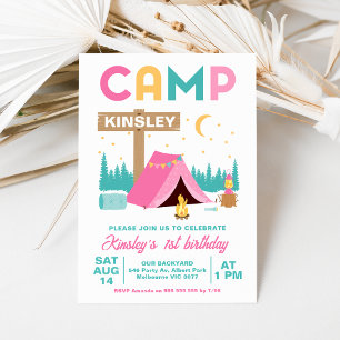 Modern Rosa Girls Camping ThBästa födelsedagen Inbjudningar