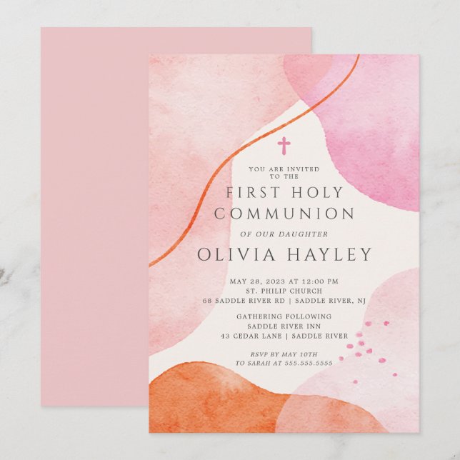 Modern Rosa Girls First Communion Inbjudningar (Fram/baksida)