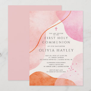 Modern Rosa Girls First Communion Inbjudningar