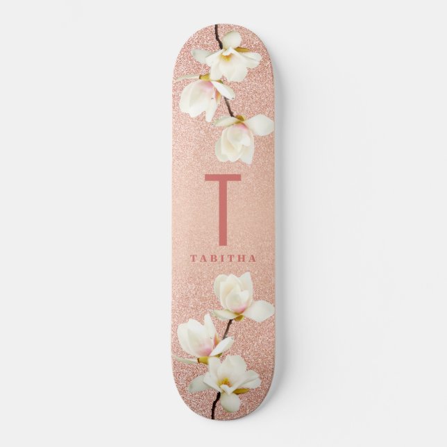 Modern rosa giromonogram personlig magnolia mini skateboard bräda 18,5 cm (Framsida)