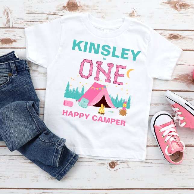 Modern Rosa Glad Campare Tematisk 1-årsdag  T Shirt (Girls One happy Camper 1st Birthday T-shirt, Baby Girls Camping Themed 1st Birthday T-shirt Pink)