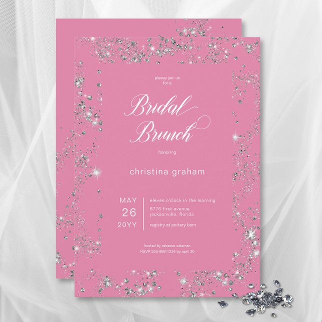 Modern Rosa Glam Diamond Ram Möhippa Brunch Inbjudningar (Modern Pink Glam Diamond Frame Bridal Brunch Invitation)