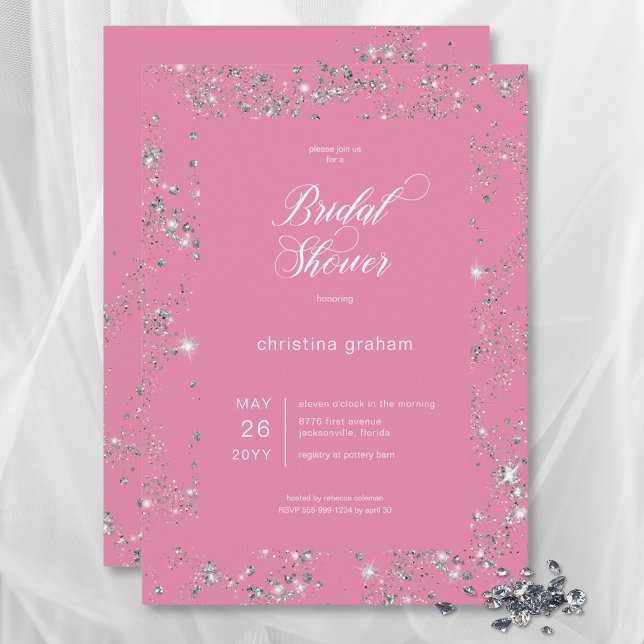 Modern Rosa Glam Diamond Ram Möhippa Inbjudningar (Modern Pink Glam Diamond Frame Bridal Shower Invitation)