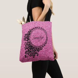 Modern Rosa Glitter Black Blommigt Personlig Tygkasse