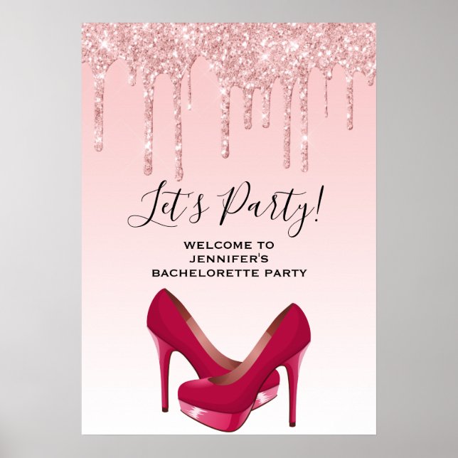 Modern Rosa Glitter Drives & Heels Bachelorette Poster (Framsidan)