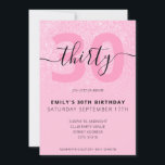 Modern Rosa Glitter Elegant Script 30års födelseda Inbjudningar<br><div class="desc">Modern Pastel Rosa Glitter 30års födelsedag-inbjudan. Mall för minimalistisk inbjudan till 30års födelsedag med elegant-kalligrafi-handskrivet skriptteckensnitt.</div>